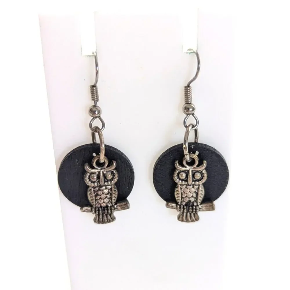 Y2K Bohemian Style Wooden Disc Wise Owl Charm Beaded Dangle Hook Earrings